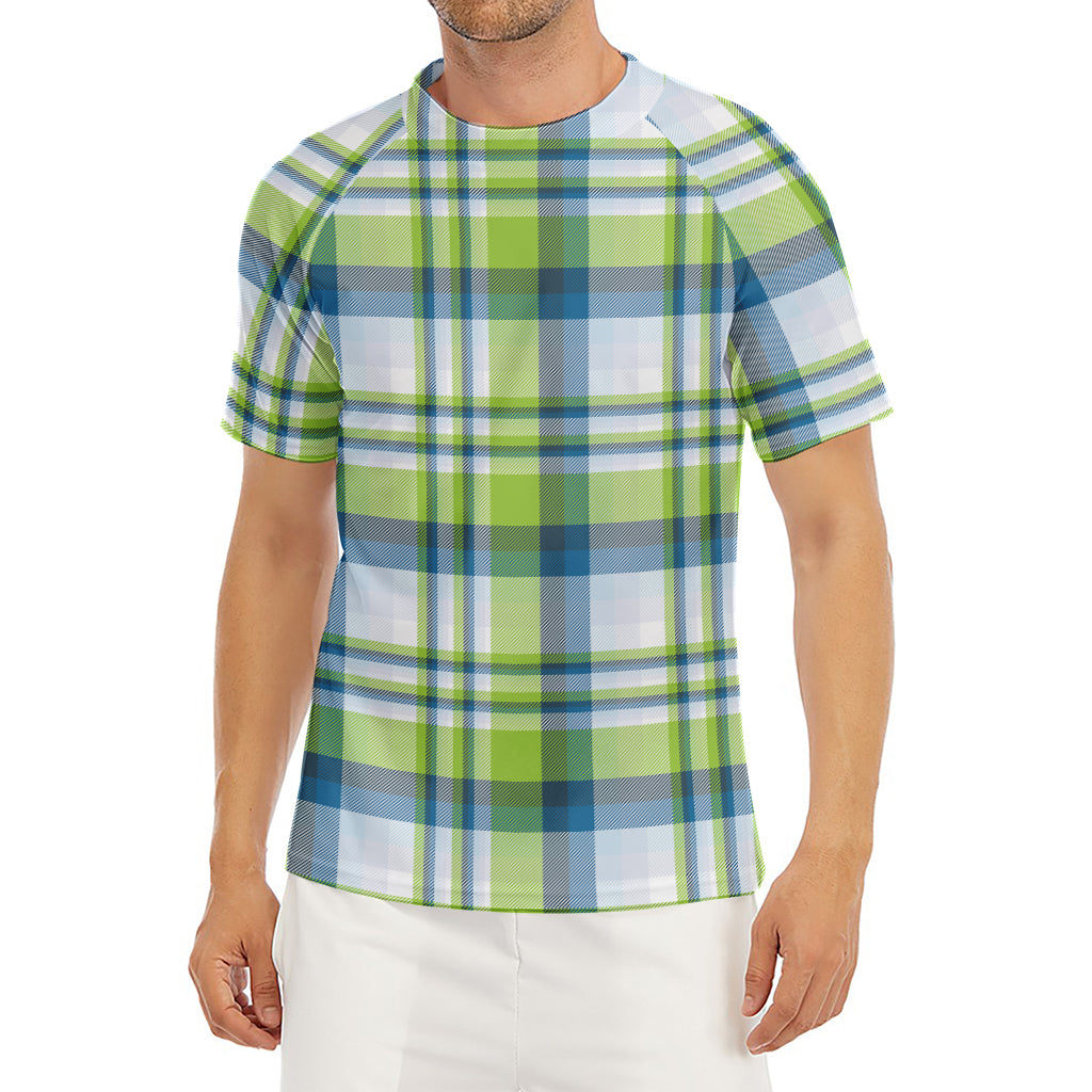Lime And Blue Madras Plaid Print Men's Short Sleeve Rash Guard