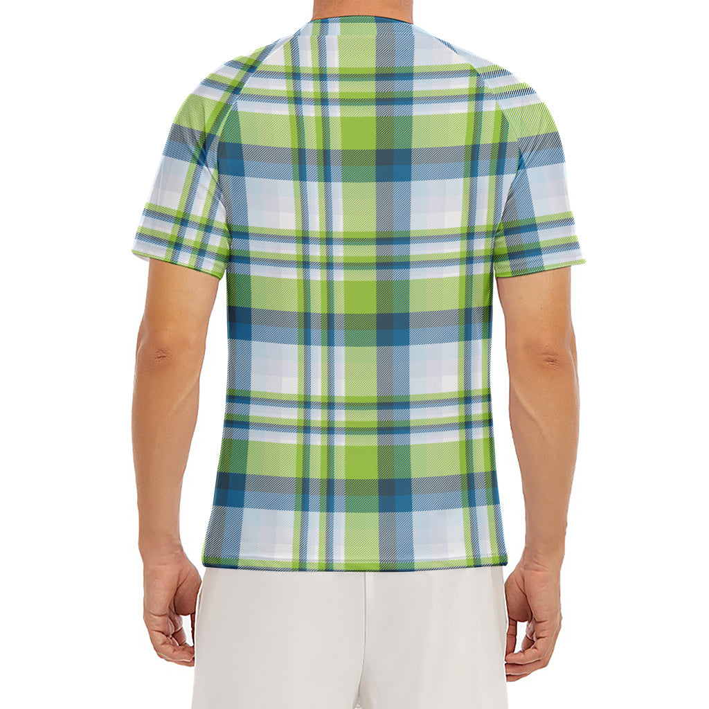 Lime And Blue Madras Plaid Print Men's Short Sleeve Rash Guard
