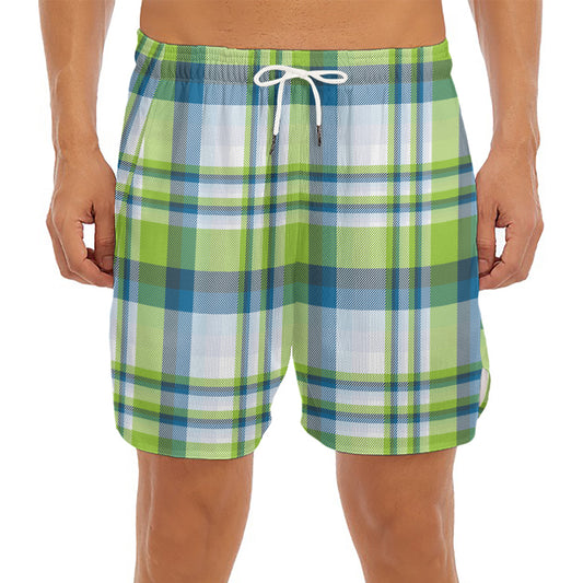 Lime And Blue Madras Plaid Print Men's Split Running Shorts