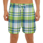 Lime And Blue Madras Plaid Print Men's Split Running Shorts