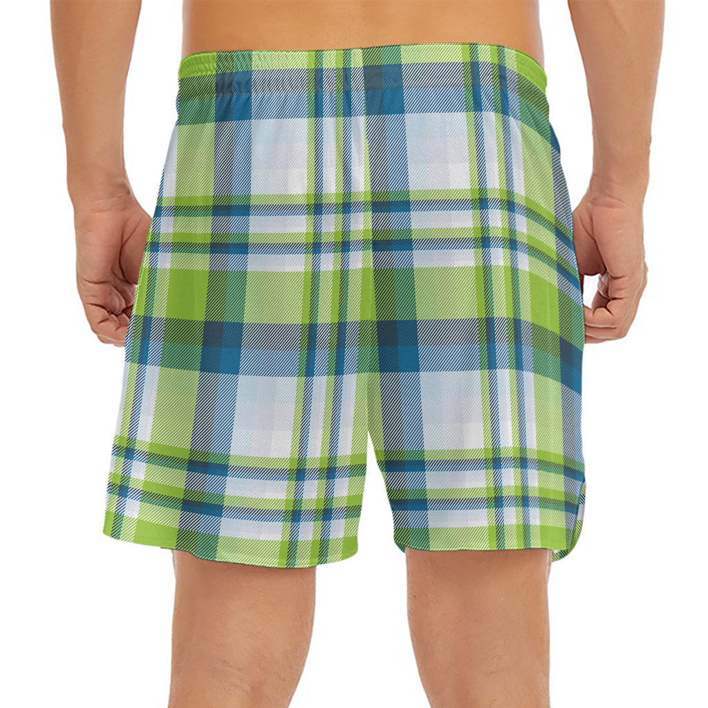 Lime And Blue Madras Plaid Print Men's Split Running Shorts
