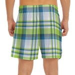 Lime And Blue Madras Plaid Print Men's Split Running Shorts