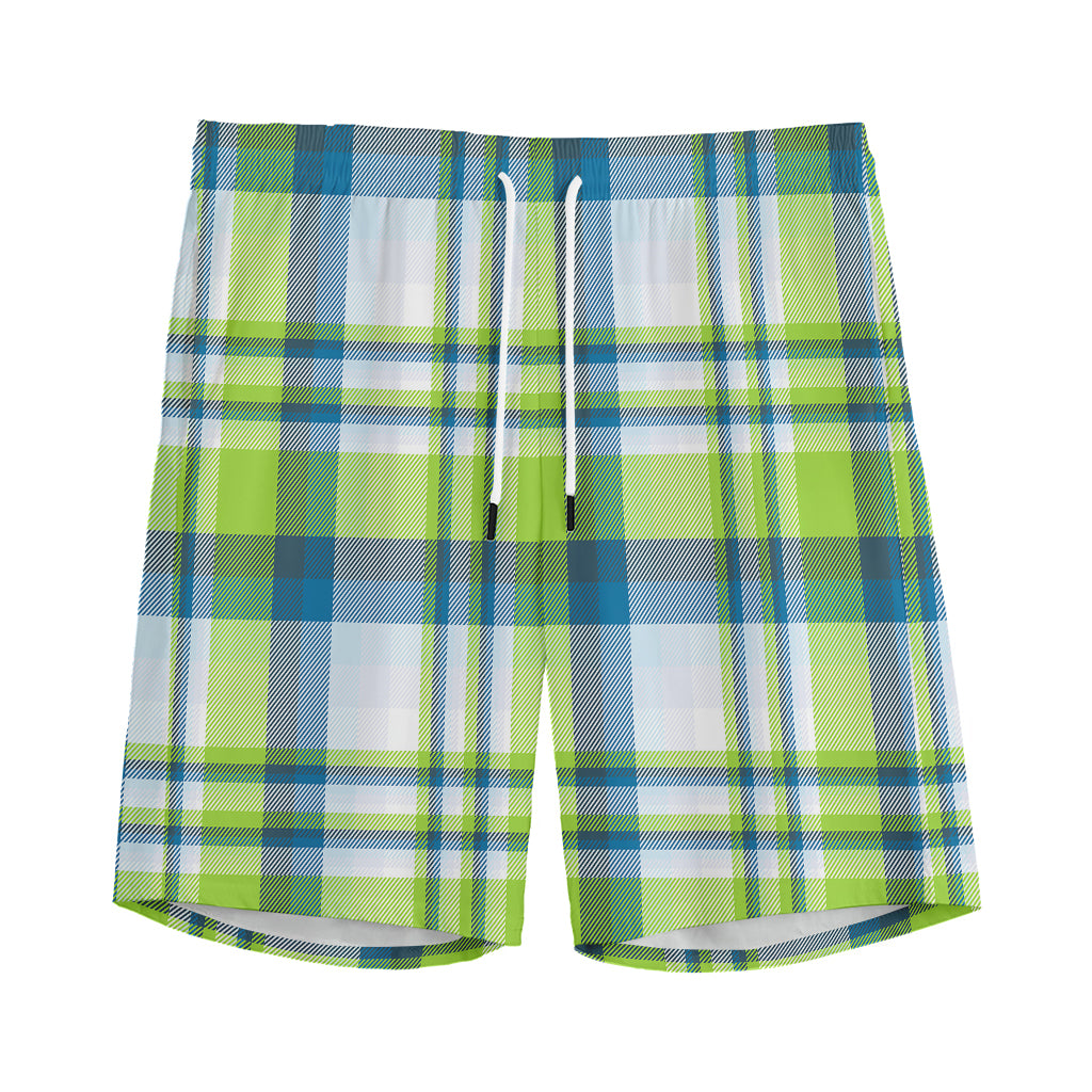 Lime And Blue Madras Plaid Print Men's Sports Shorts