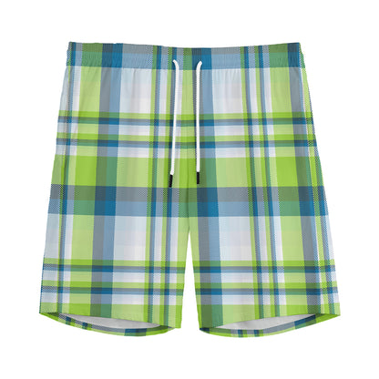 Lime And Blue Madras Plaid Print Men's Sports Shorts