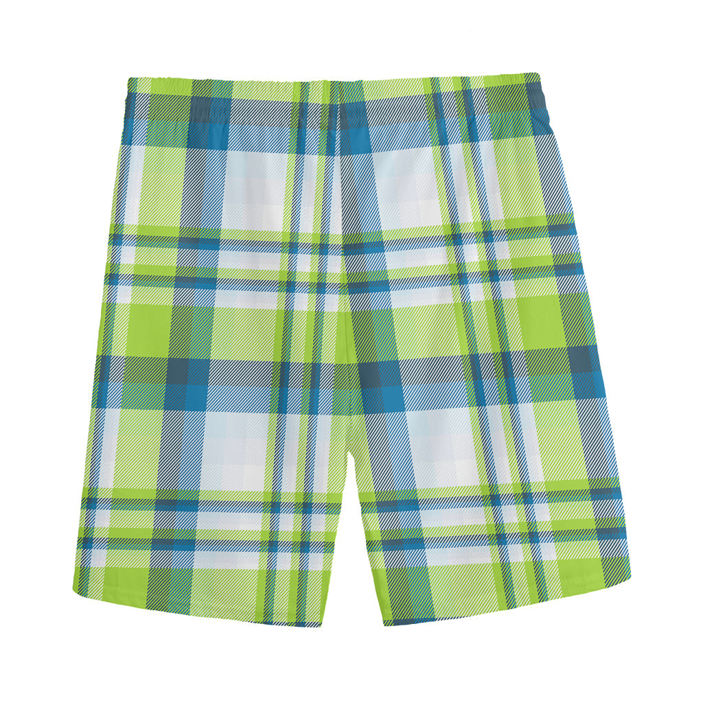Lime And Blue Madras Plaid Print Men's Sports Shorts