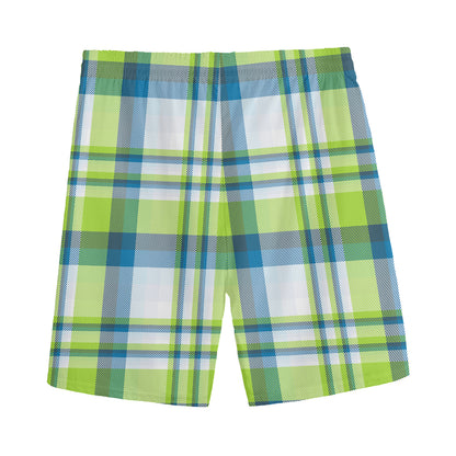 Lime And Blue Madras Plaid Print Men's Sports Shorts