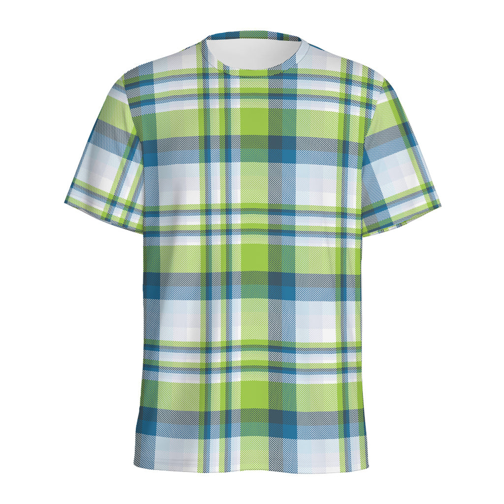 Lime And Blue Madras Plaid Print Men's Sports T-Shirt