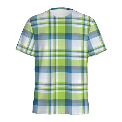 Lime And Blue Madras Plaid Print Men's Sports T-Shirt