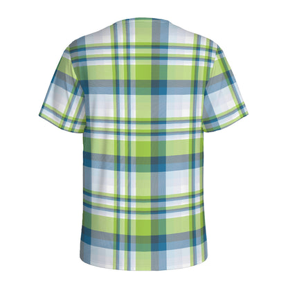 Lime And Blue Madras Plaid Print Men's Sports T-Shirt