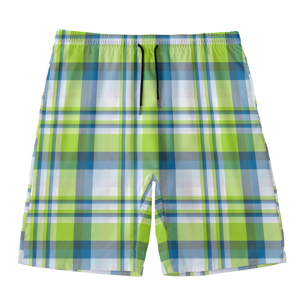 Lime And Blue Madras Plaid Print Men's Swim Trunks