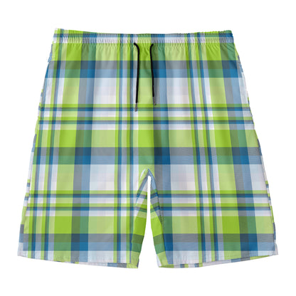 Lime And Blue Madras Plaid Print Men's Swim Trunks