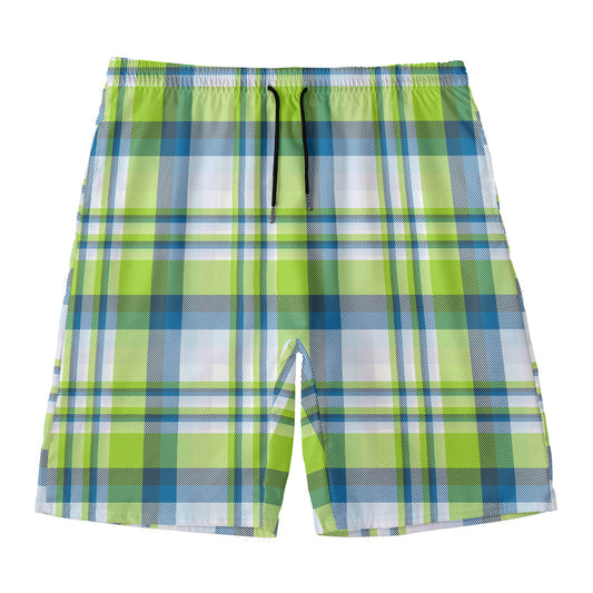 Lime And Blue Madras Plaid Print Men's Swim Trunks