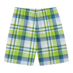 Lime And Blue Madras Plaid Print Men's Swim Trunks