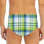Lime And Blue Madras Plaid Print Men's Triangle Swim Briefs