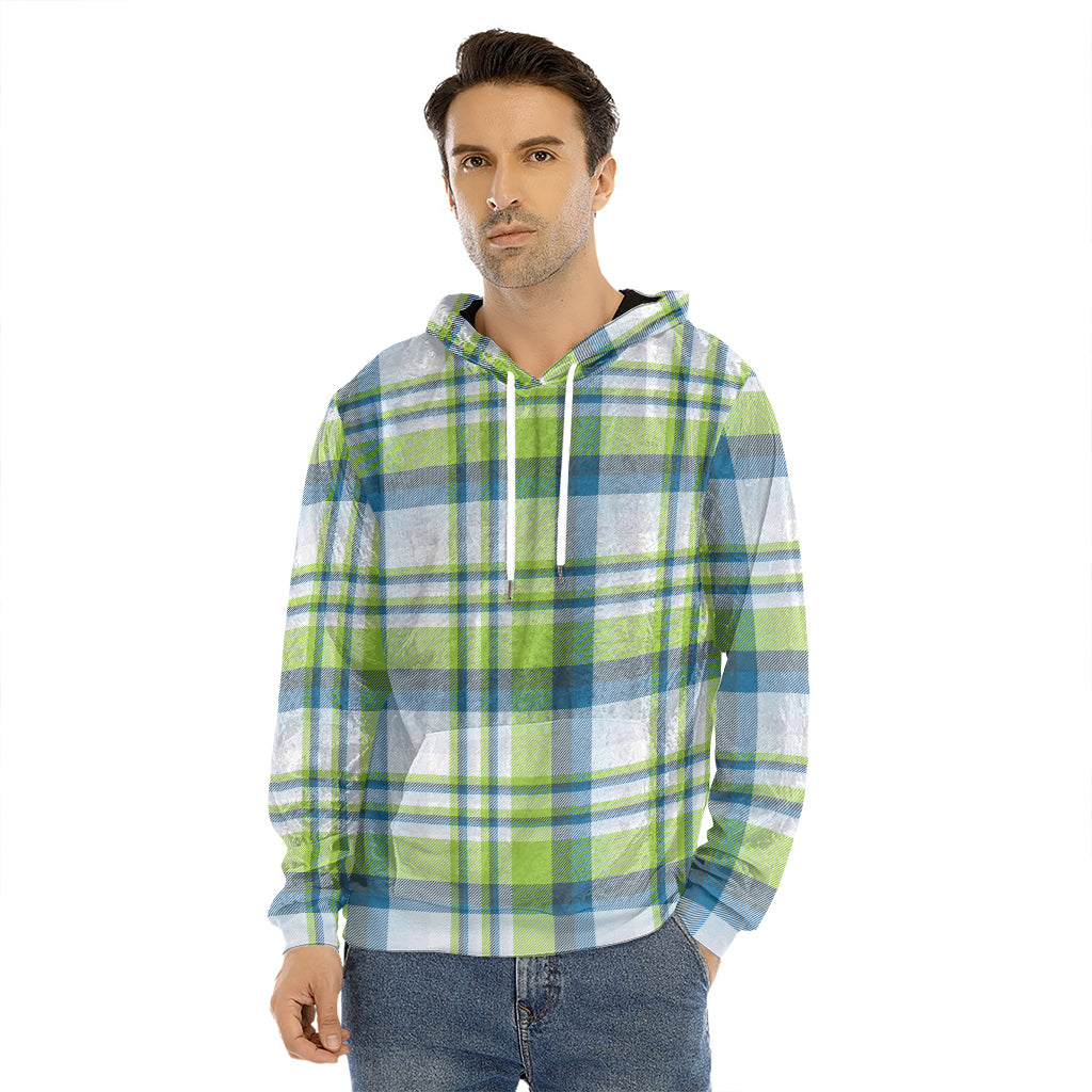 Lime And Blue Madras Plaid Print Men's Velvet Pullover Hoodie