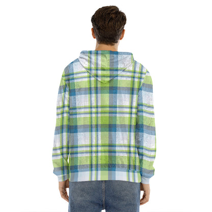 Lime And Blue Madras Plaid Print Men's Velvet Pullover Hoodie