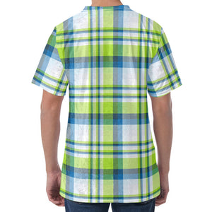 Lime And Blue Madras Plaid Print Men's Velvet T-Shirt