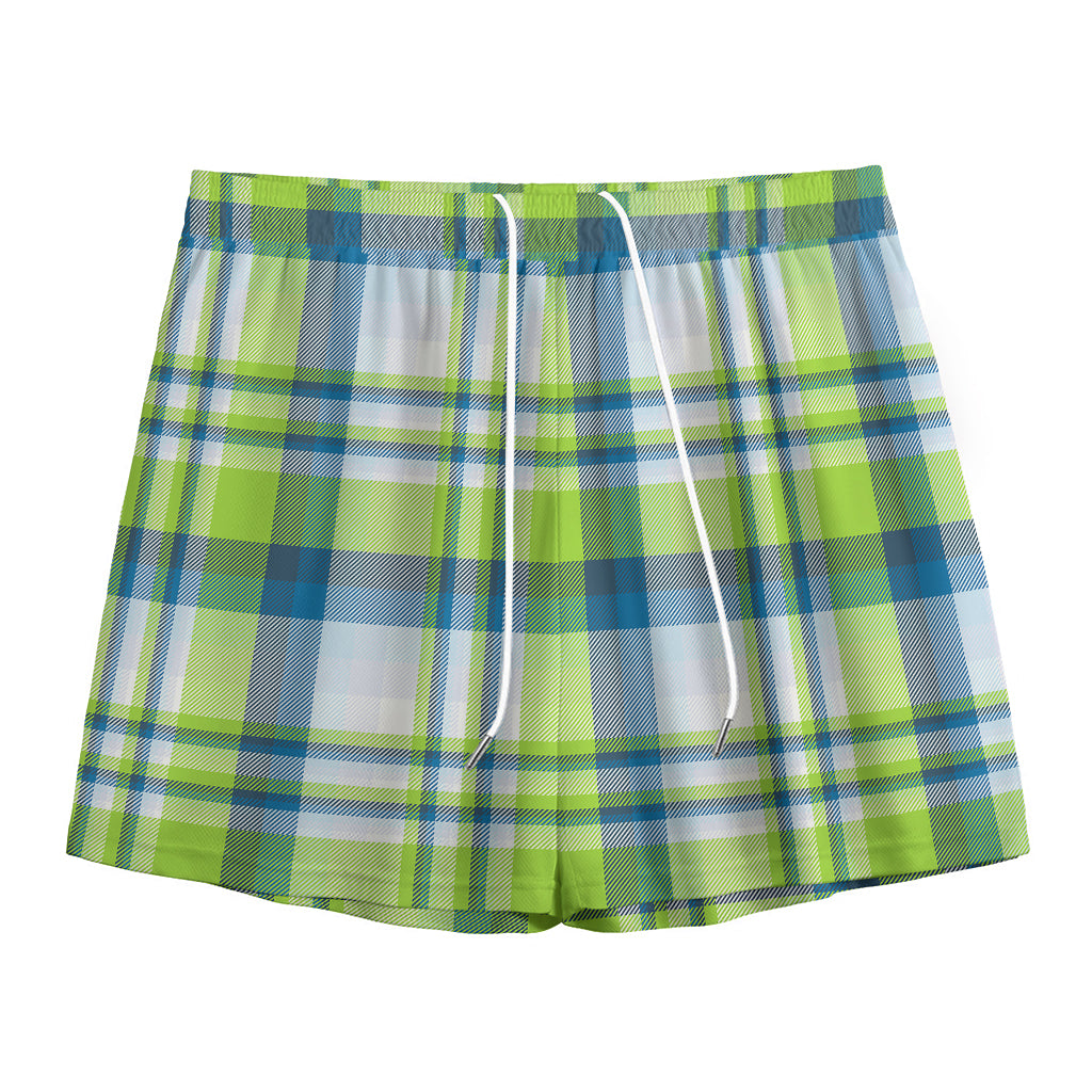 Lime And Blue Madras Plaid Print Mesh Shorts