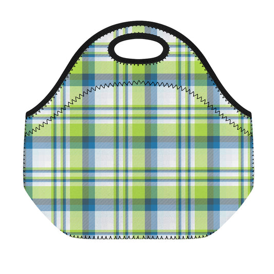 Lime And Blue Madras Plaid Print Neoprene Lunch Bag