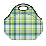 Lime And Blue Madras Plaid Print Neoprene Lunch Bag