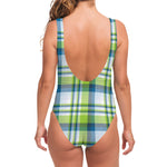 Lime And Blue Madras Plaid Print One Piece Swimsuit
