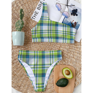 Lime And Blue Madras Plaid Print One Shoulder Bikini Top