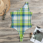 Lime And Blue Madras Plaid Print One Shoulder Bodysuit