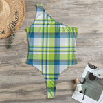 Lime And Blue Madras Plaid Print One Shoulder Bodysuit
