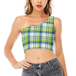 Lime And Blue Madras Plaid Print One Shoulder Crop Top