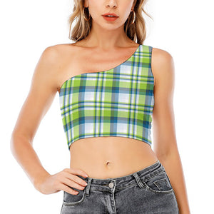 Lime And Blue Madras Plaid Print One Shoulder Crop Top