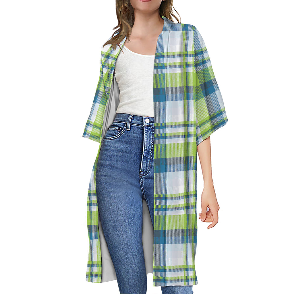 Lime And Blue Madras Plaid Print Open Front Beach Cover Up