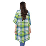 Lime And Blue Madras Plaid Print Open Front Beach Cover Up