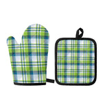 Lime And Blue Madras Plaid Print Oven Mitt And Pot Holder Set
