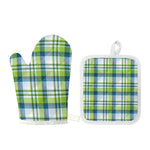Lime And Blue Madras Plaid Print Oven Mitt And Pot Holder Set