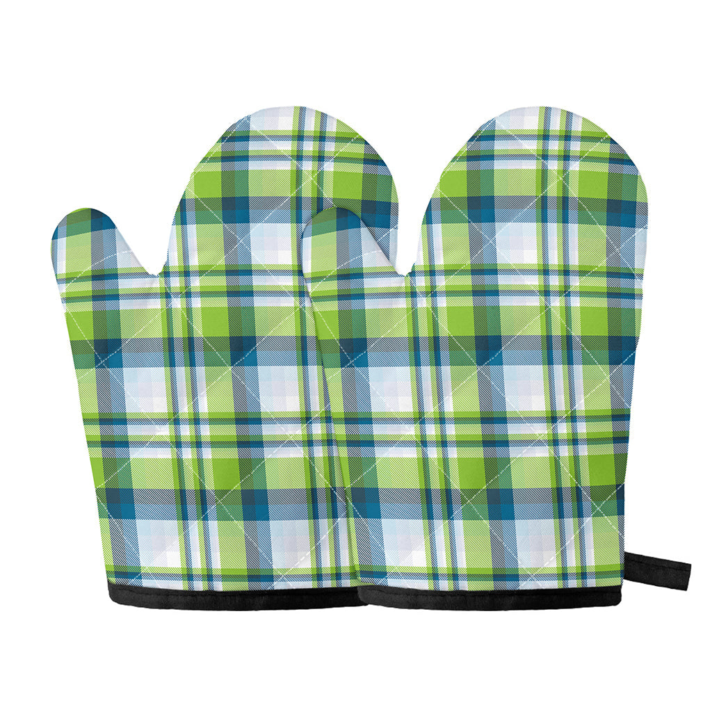 Lime And Blue Madras Plaid Print Oven Mitts