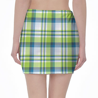 Lime And Blue Madras Plaid Print Pencil Mini Skirt