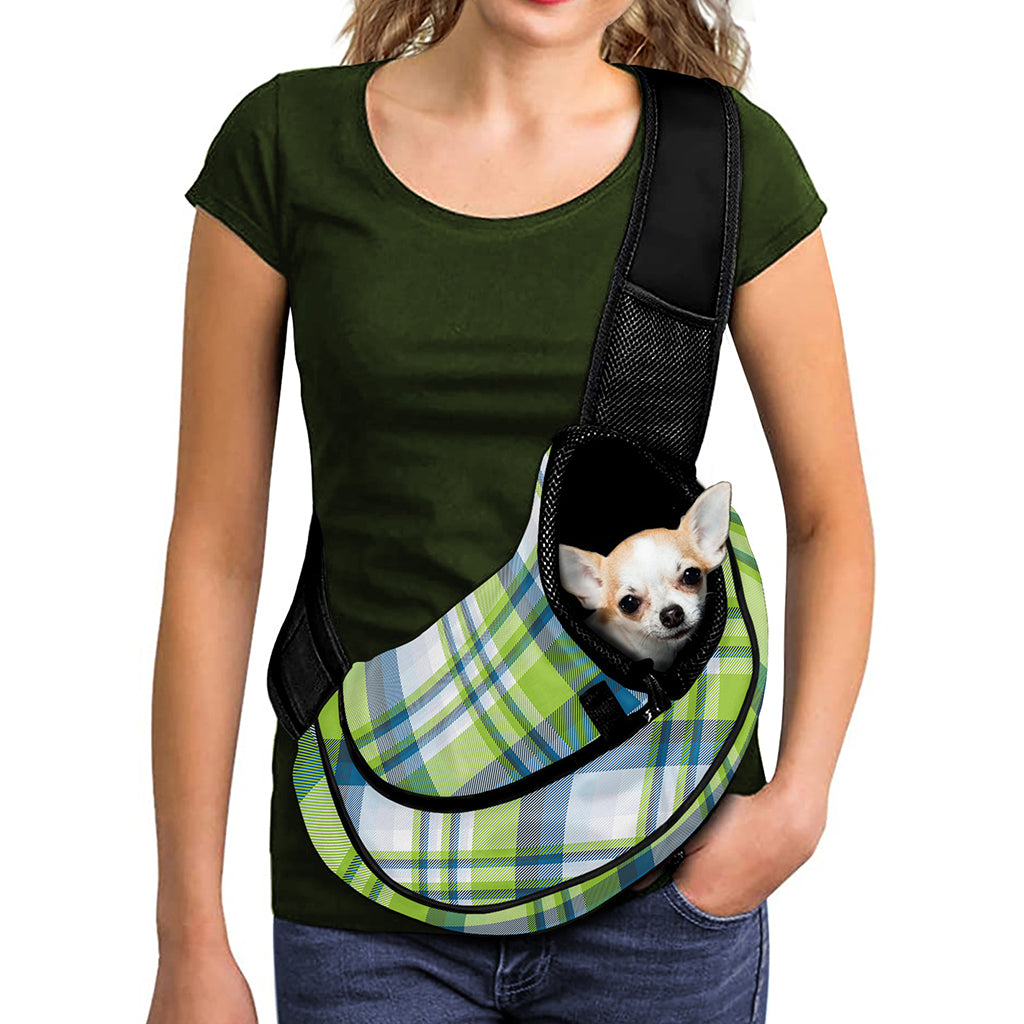 Lime And Blue Madras Plaid Print Pet Sling Carrier
