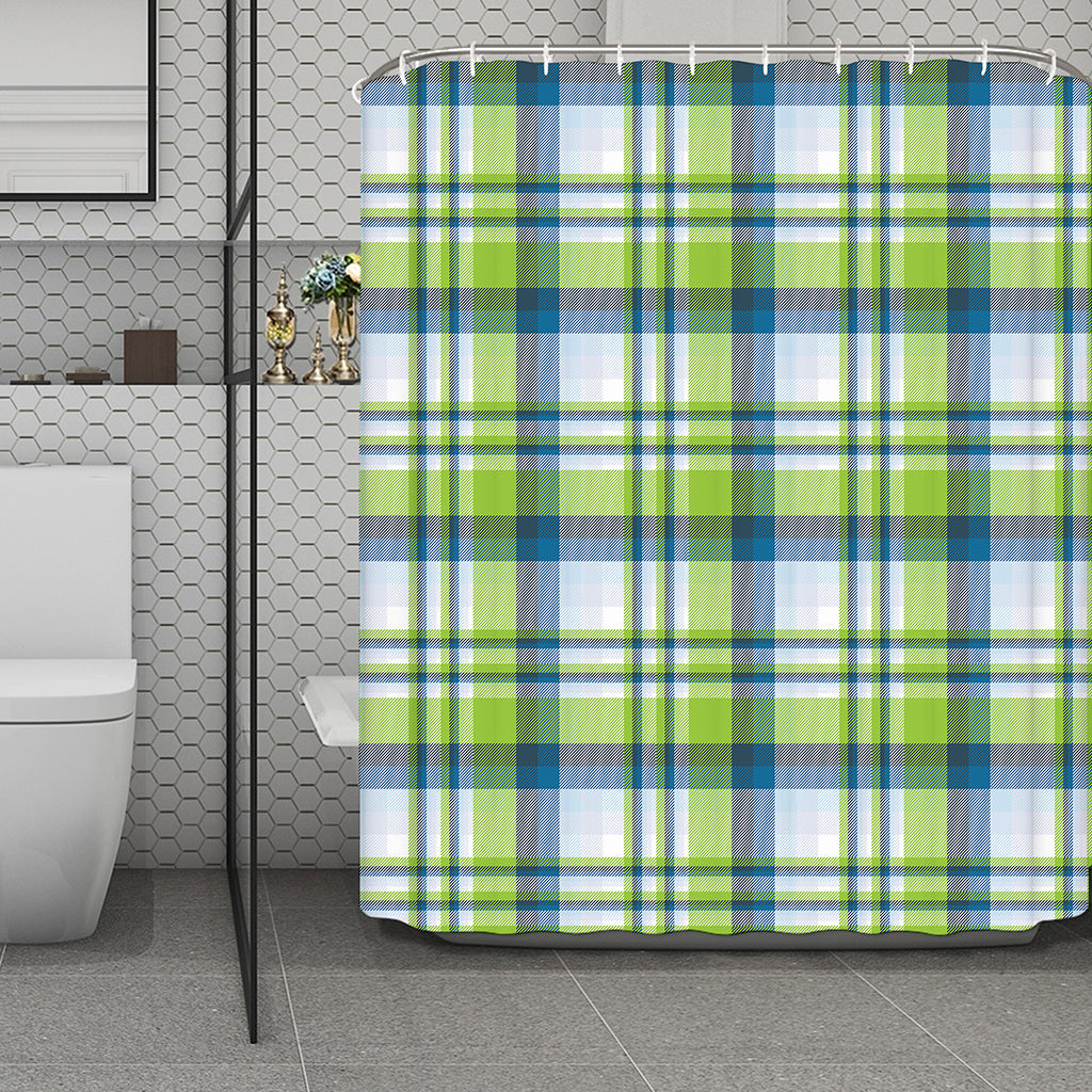 Lime And Blue Madras Plaid Print Polyester Shower Curtain