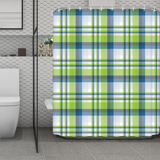 Lime And Blue Madras Plaid Print Polyester Shower Curtain