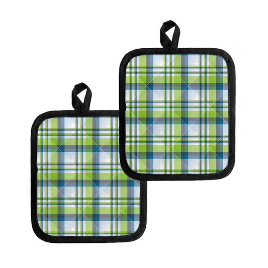 Lime And Blue Madras Plaid Print Pot Holders