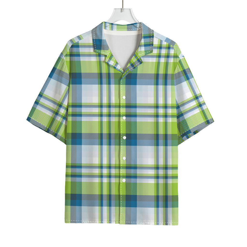 Lime And Blue Madras Plaid Print Rayon Hawaiian Shirt