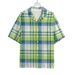 Lime And Blue Madras Plaid Print Rayon Hawaiian Shirt