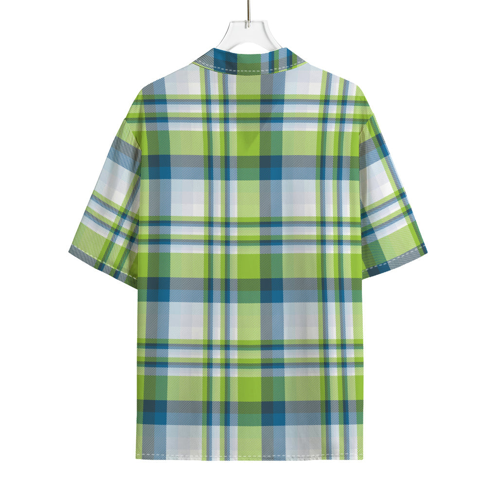 Lime And Blue Madras Plaid Print Rayon Hawaiian Shirt