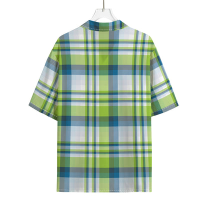 Lime And Blue Madras Plaid Print Rayon Hawaiian Shirt