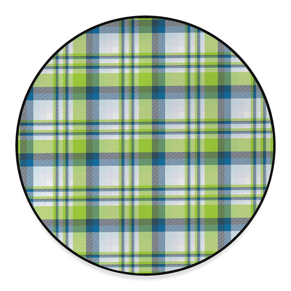 Lime And Blue Madras Plaid Print Round Floor Mat