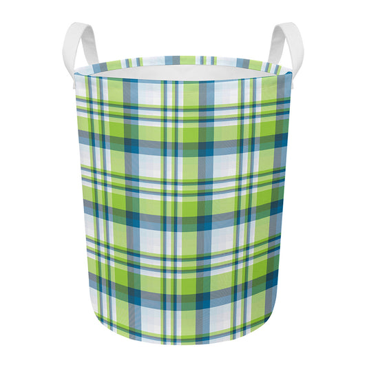 Lime And Blue Madras Plaid Print Round Laundry Basket