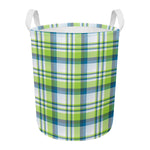 Lime And Blue Madras Plaid Print Round Laundry Basket