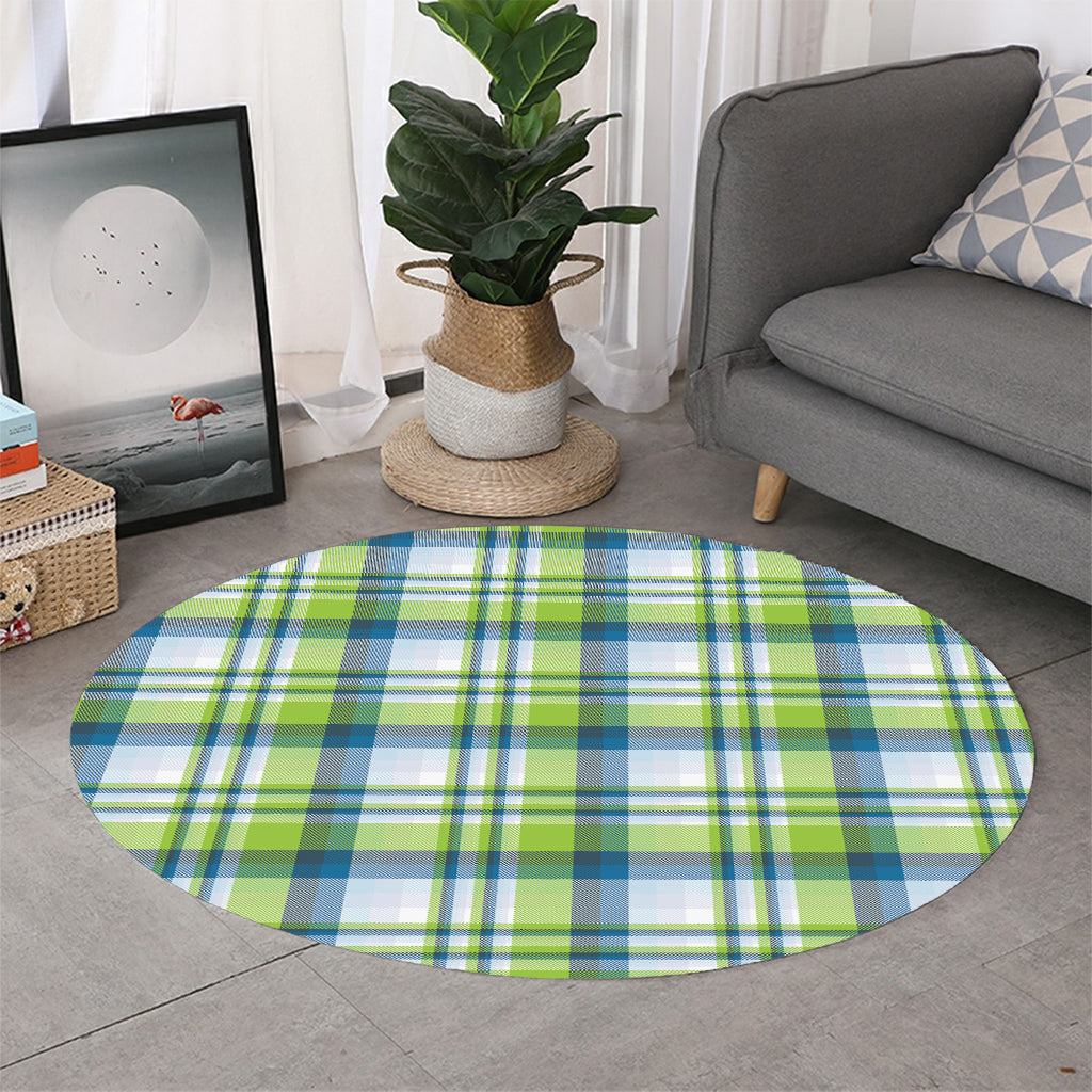 Lime And Blue Madras Plaid Print Round Rug