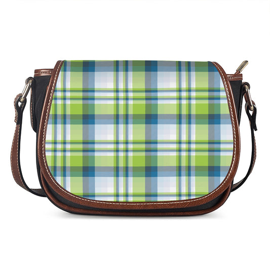 Lime And Blue Madras Plaid Print Saddle Bag