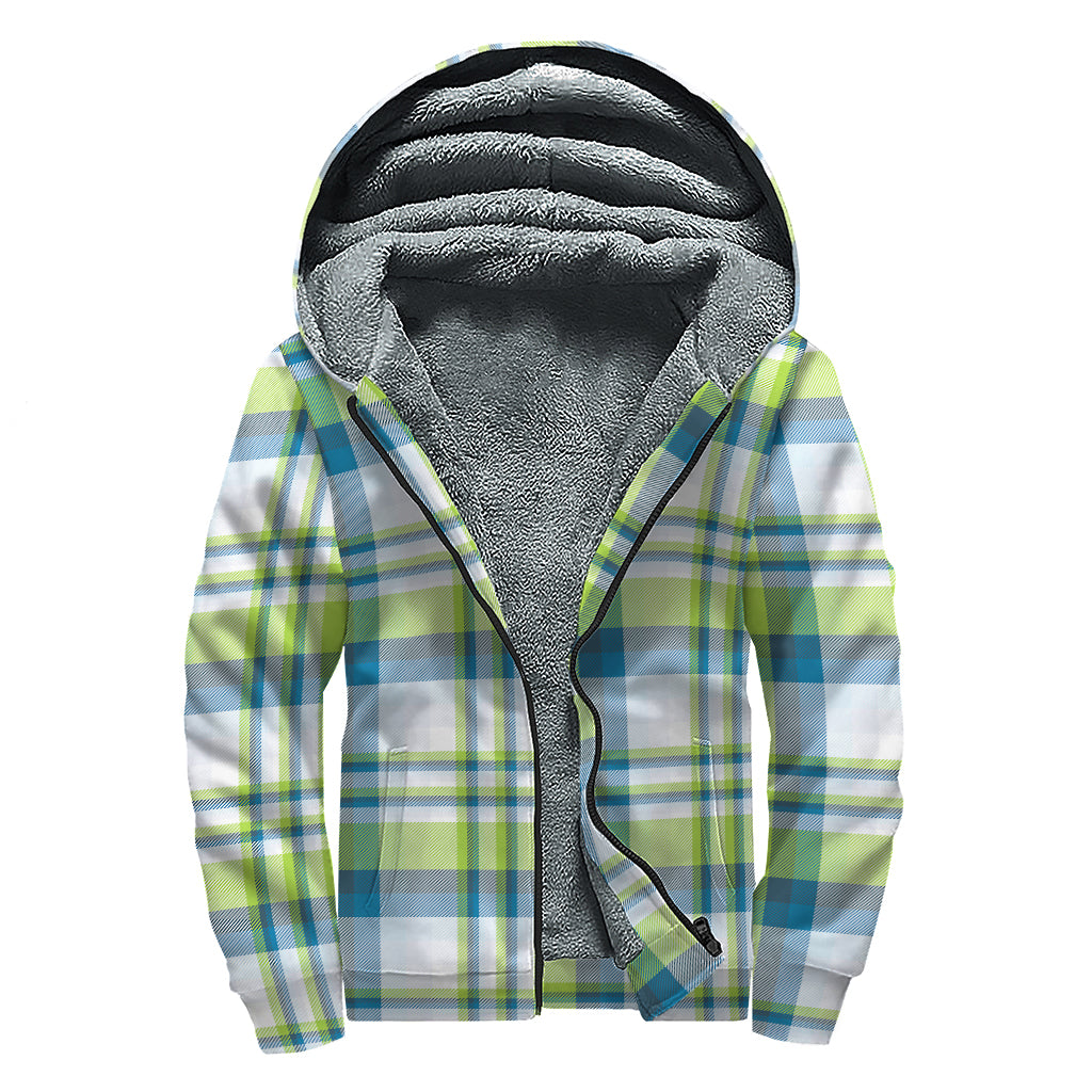 Lime And Blue Madras Plaid Print Sherpa Lined Zip Up Hoodie